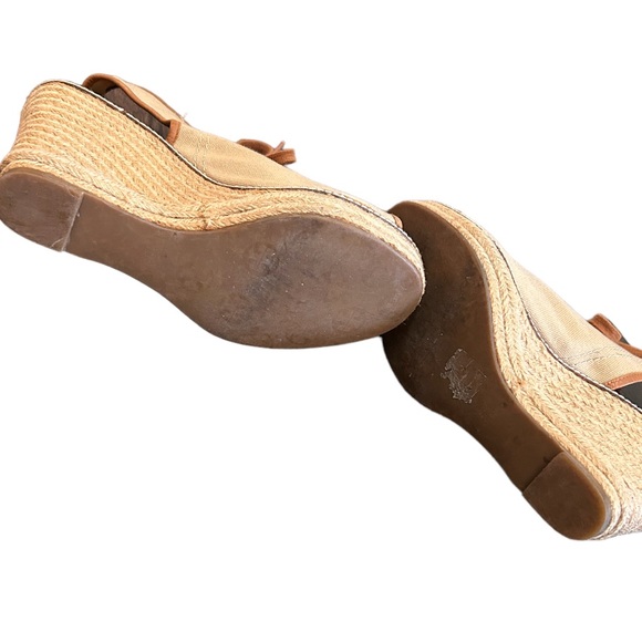 Tory Burch Wedge Heel Espadrille Tan Canvas Brown Leather Trim Lace Up Size 8.5 - Picture 3 of 8